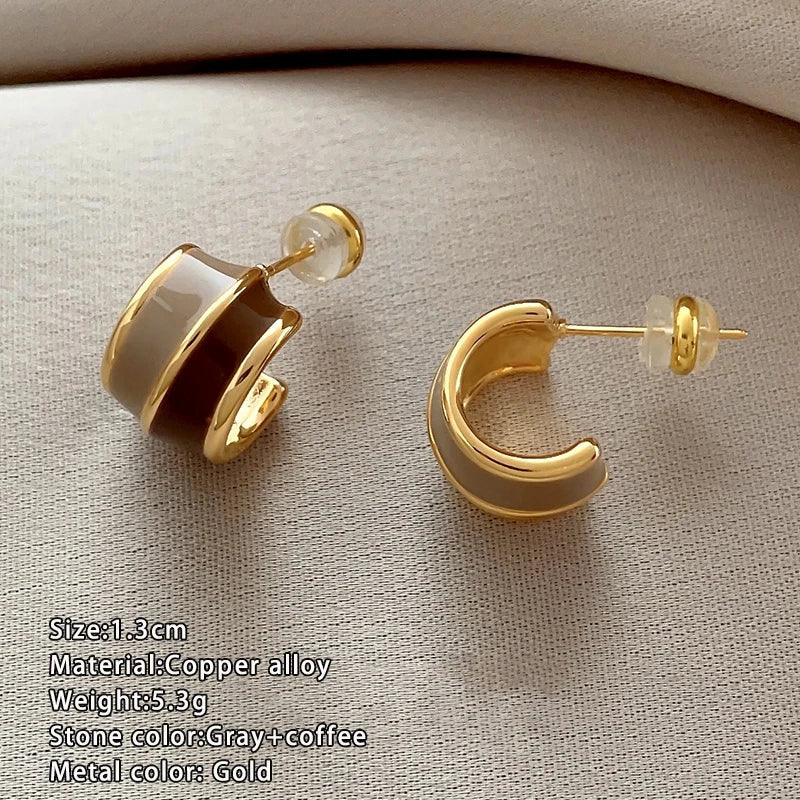 "2024 Vintage Style Wine Red Contrasting Half Circle Enamel Earrings"