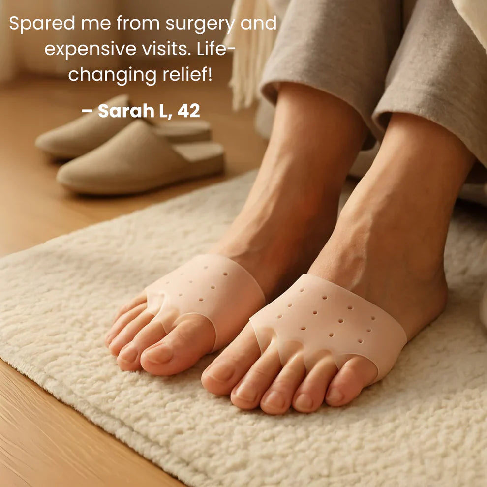 Silicone toe sleeves worn indoors for bunion pain relief, showing soft gel support and comfortable daily use