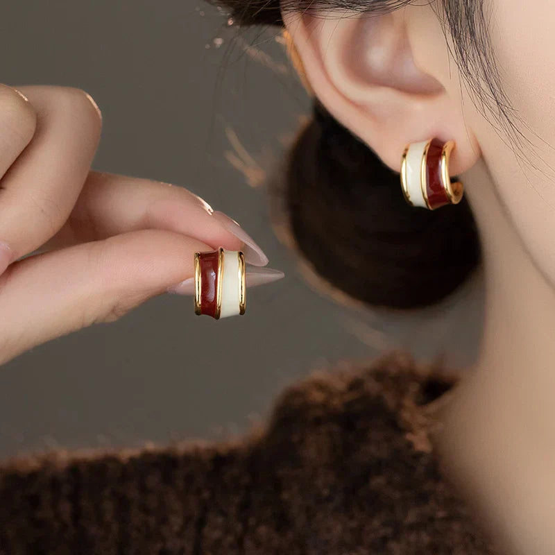 "2024 Vintage Style Wine Red Contrasting Half Circle Enamel Earrings"